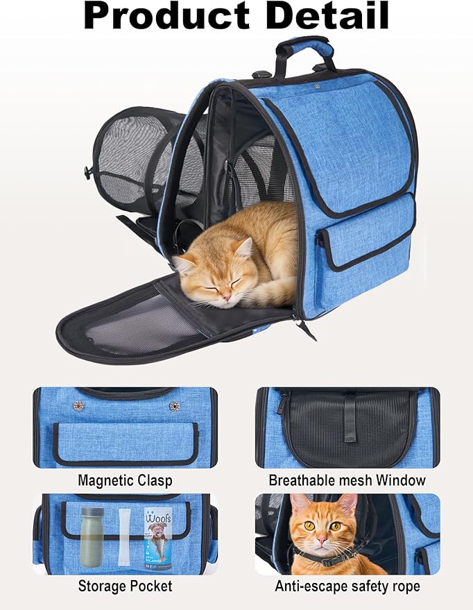 Large Cat Carrier with Tunnel Extension, Portable Small Dog Backpack with Ventilated Mesh Windows, Anti-Scratch Fabric, Luggage Strap and Chest Buckle for Travel, Hiking, Camping,Gray Blue
