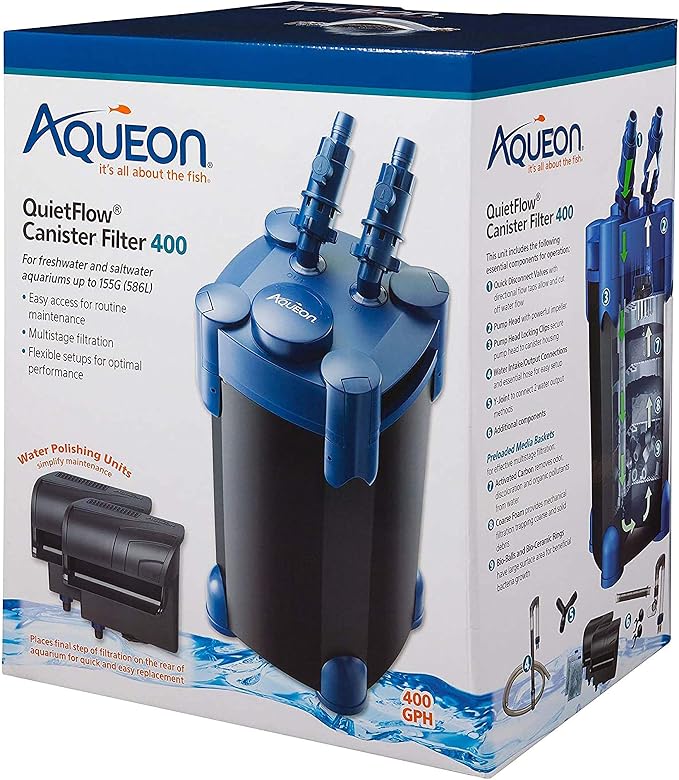 Aqueon QuietFlow Canister Aquarium Filter 100-150 Gallons | 150 gallon fish tank filter with biological, chemical and mechanical stages, spray bar and polishing unit