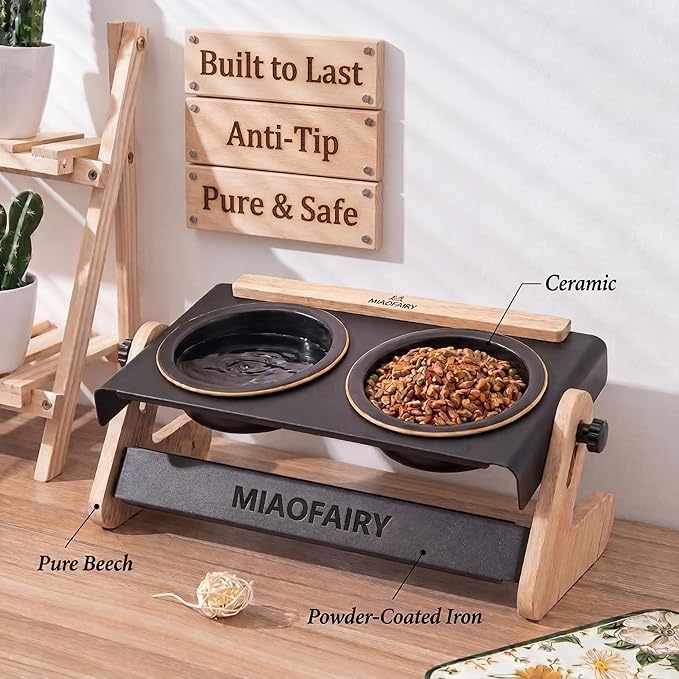 Elevated Cat Bowls 6.8oz x2, Adjustable Raised Cat Bowl Stand, Ceramic Cat Food and Water Bowl Set for Cats and Small Dogs