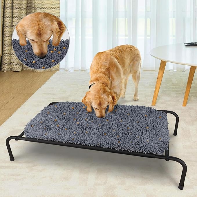Rundik Elevated Dog Bed with Snuffle Mat Feature 2 in 1, Raised Dog Bed for Indoor and Outdoor Use Portable Warm Pet Cot with Puzzle Feeding Game for Slow Eating, Suitable for Small Medium Large Dogs