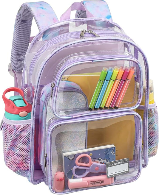 Bagseri Clear Backpack for Girls - 15 Inch Heavy Duty Kids Clear Bookbag for Kindergarten to Grade 2, Transparent School Bag with Reflective Strip, Fits Folders, Purple Tie-dye
