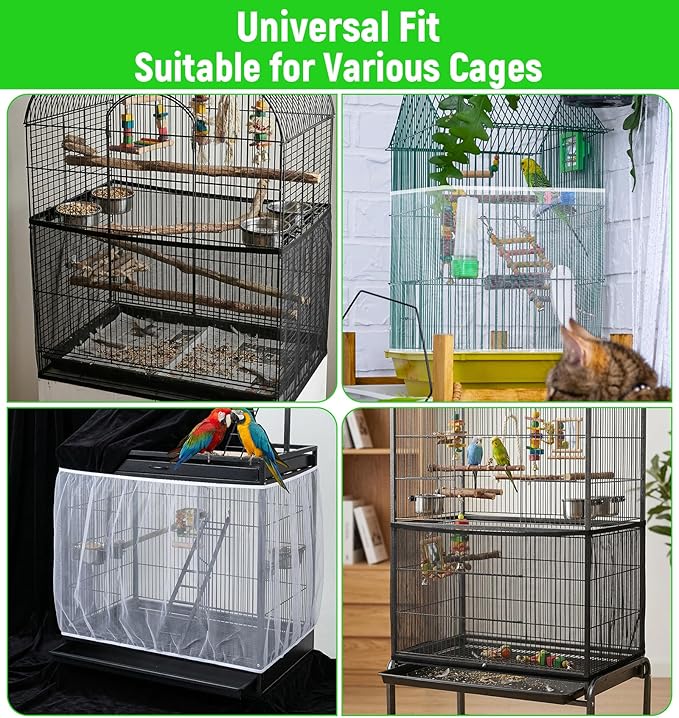 2 Pcs Bird Cage Seed Catcher, Bird Cage Seed Catcher Guard Nylon Net Cover, Adjustable 137.8-196.9 Inches Circumference (Black & White, XL)