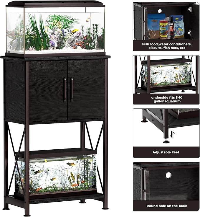Herture 5-10 Gallon Fish Tank Stand, Metal Double Aquarium Stand with Cabinet for Fish Tank Accessories Storage, Heavy Duty 20.5" L* 11.02" W Tabletop, 500LBS Capacity Black PG06YGB