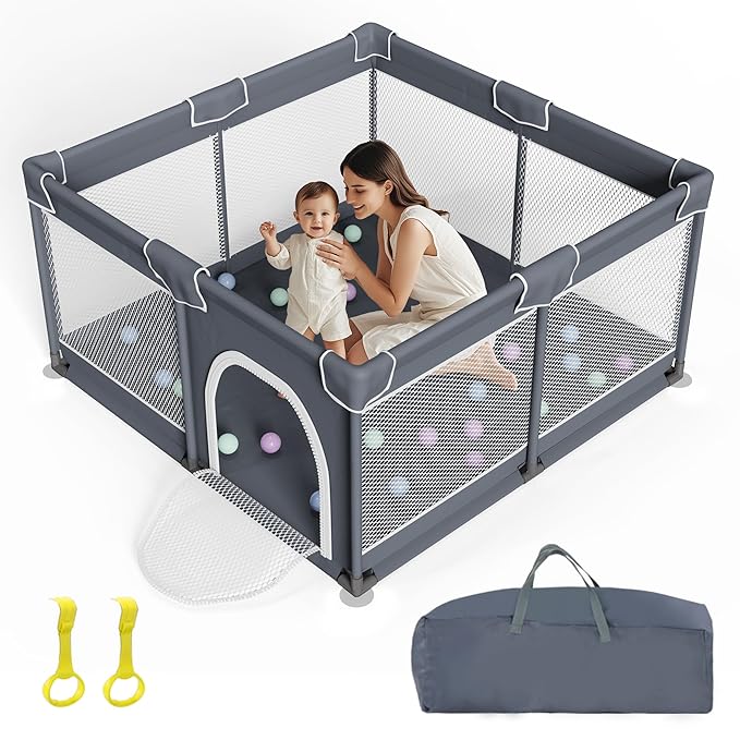 Grobeybees Playpen for Babies and Toddlers, Large Baby Playpen, Playard with Bag, Indoor & Outdoor Play Pen, Sturdy Safety Baby Play Yard with Soft Breathable Mesh (Grey)