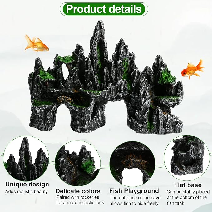 Saim Large Aquarium Mountain View Stone Decor 13.7''x4.72''x9.05'' | for betta cichlids hideaway cave,non-fading resin, climbing zone, hiding cave, low maintenance fitting for 10-17 gallon tank