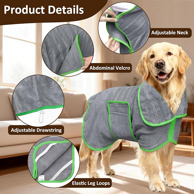 Soft Dog Bathrobe Fast Drying Dog Coat, Super Absorbent Dog Towels for After Bath, Microfiber Pet Robe Adjustable Collar & Belly Warm Keeping Dogs Coat for Pet Dogs & Cats (Grey, Small)