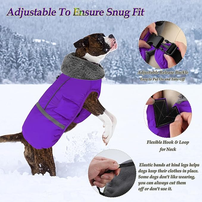 Dogcheer Warm Dog Coat, Christmas Dog Jacket Waterproof Puppy Winter Coat with Buckles, Reflective Adjustable Pet Snow Jacket Turtleneck Fleece Sweater for Small Medium Large Dogs - Purple, L