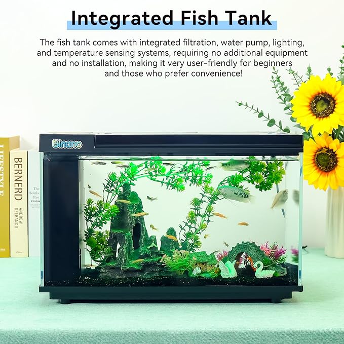 17.6x9.7x11.3 in Fish Tank Kit Complete with Real-Time Temp Display, 3-Speed Water Pump, Smart Storage, Flexible Filter & 6 Color Lights Ideal Aquarium for Betta Fish & Goldfish