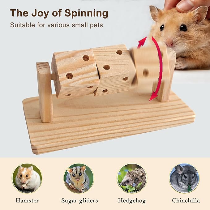 4 in 1 Hamster Chew Toy Set, Wooden Foraging Toy with Rotating Cubes, Apple Wood Chew and 2 Loofah Chews for Hamsters, Gerbils, Mice, Small Animals