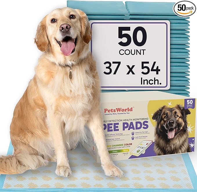 PetsWorld Health Monitoring Dog Pee Pads 37"x54" 50 Count – XXXL Color-Changing Pet Pee Pads for Dogs & Pets, Leak-Proof Super Absorbent Dog Training Pads with Odor Control