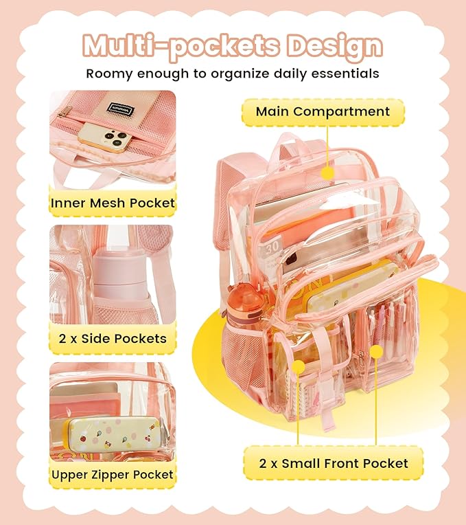 Vorspack Clear Backpack for School - Heavy Duty Transparent Bookbag for Girls Boys Extra Large See Through backpacks for Work, College, Travel - Pink