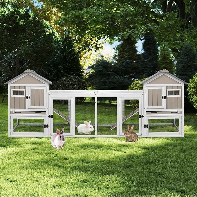 Gowoodhut 46.5" L Rabbit Hutch Indoor Outdoor Rabbit Cage with Run, Pull Out Tray, Asphalt Roof Large 2 Story Bunny Hutch Wooden Chicken Coop Guinea Pigs Pet House Cage for Small Animals,Grey