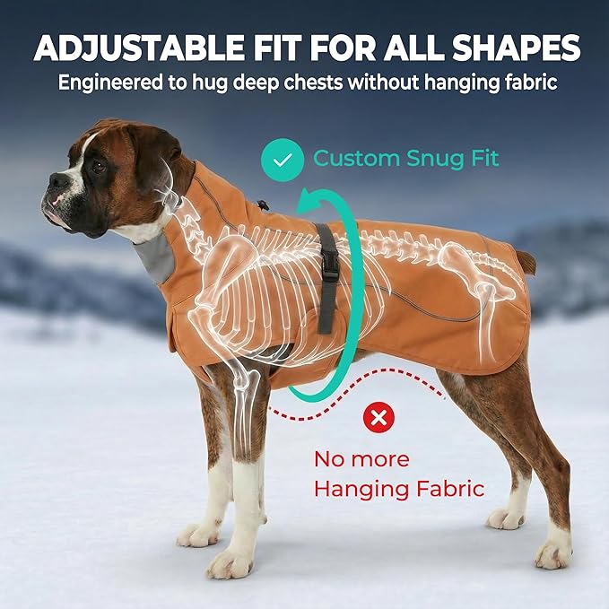 Softshell Dog Winter Vest, Fleece Lined Water-Repellent Jacket with Fur-Safe Buckle (No Hook & Loop) for Hiking, Adjustable Reflective Winter Coat for Active Dogs (Aurantium, Medium)