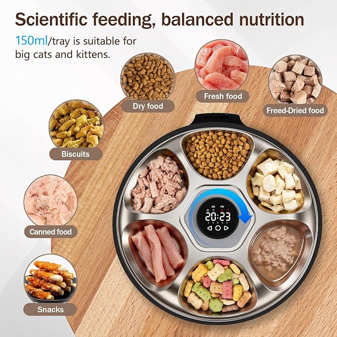 Automatic Wet Food Cat Feeder, Auto Refrigerated Wet Foods Feeder for Cats Dogs 6 Meal Timed Fresh Foods Dispenser with 2 Ice Packs Automatic Cat Dog Food Stainless Steel Bowl for Kitty Puppy Cat Dog