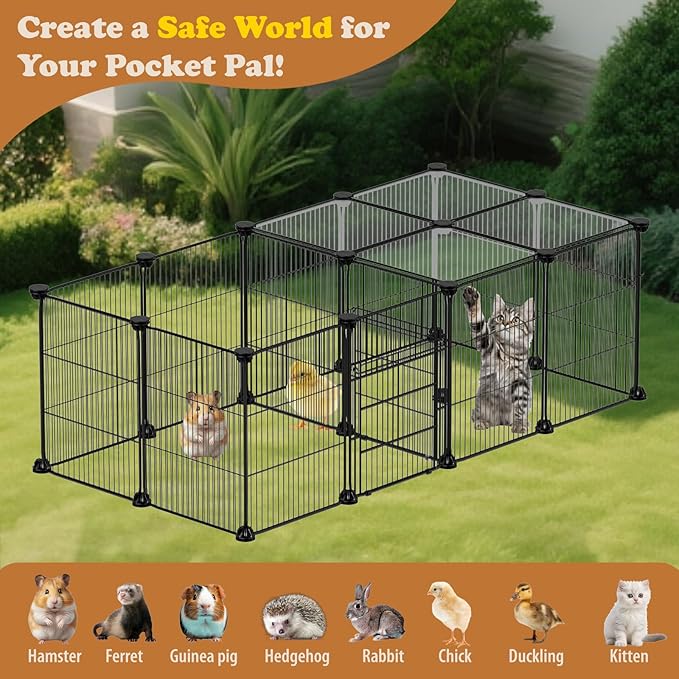 18 Panels Small Animal Playpen, Small Animal Cage with 2 Doors, Metal Wire Yard Fence for Rabbits, Guinea Pigs, Hamsters, Chicken, Hedgehogs, Indoor Outdoor Pet Cage C&C Cage Black