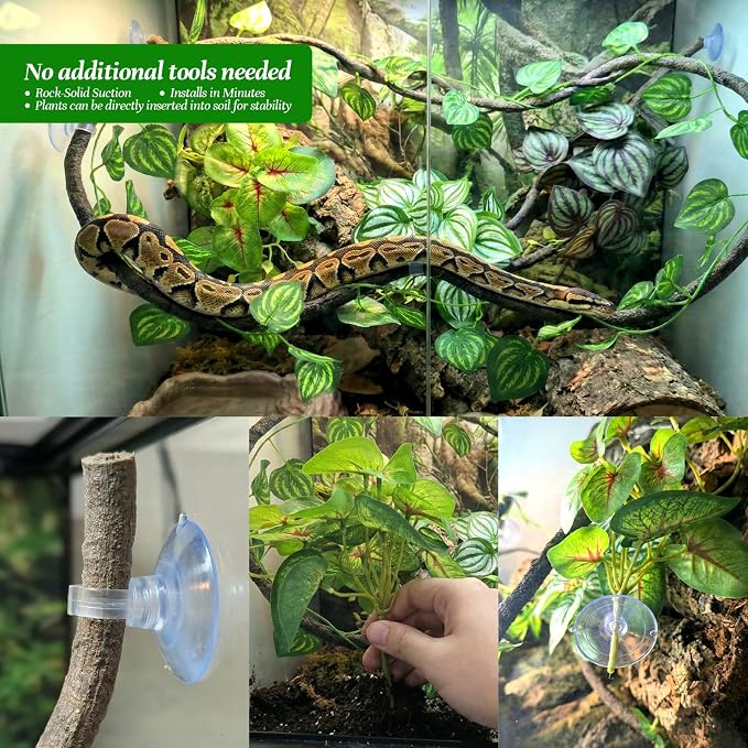 5 Pcs Reptile Plants & Habitat Decor Kit - Artificial Plants & Large 3.3ft Jungle Vine Branch, Artificial Leaves with Suction Cup Tank Decor Accessories for Crested Gecko, Lizard, Snake,Forg,Tortoise