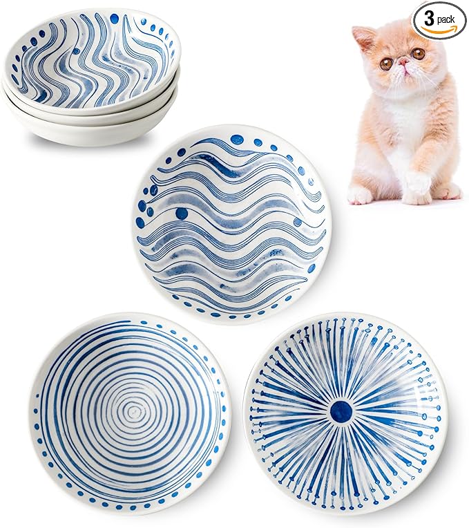 3 Ceramic Cat Bowls,5.5 inch Wide Shallow Cat Food Bowl for Relief Whisker Fatigue B Style