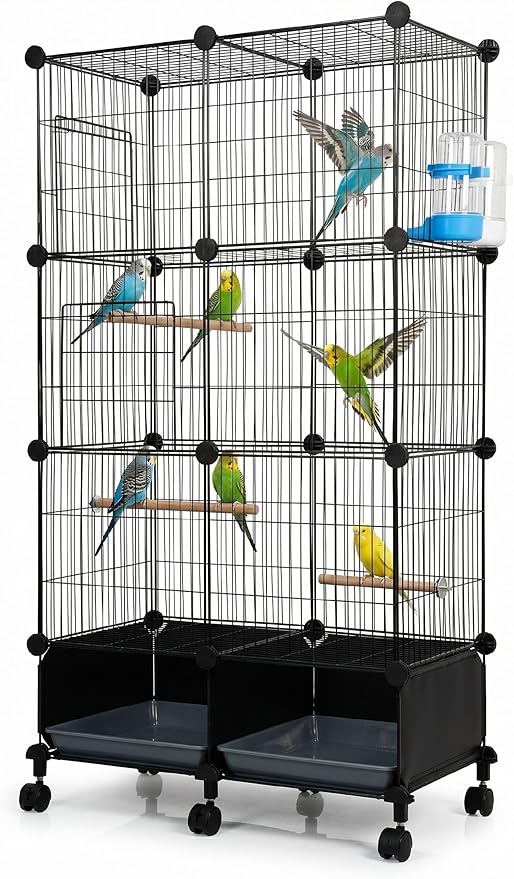 Large Bird Cage with Rolling Stand, 46x24x12 Inch Flight Cage for Parakeets, Cockatiels, Conures, Metal Wire Cage with Wooden Perches, Feeders, Wheels, Black
