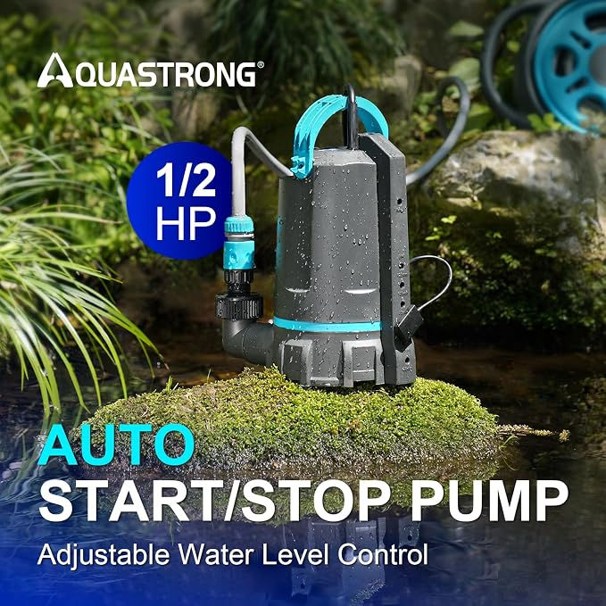 Aquastrong 1/2 HP Automatic Sump Pump 3159 GPH Submersible Water Pump | Thermoplastic Utility Pump High Flow Water Removal for Swimming Pool Garden Pond Basement Wells with 10ft Long Power Cord