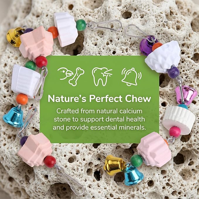 1PC Premium Bird Beak Grinding Stone & Calcium Block Chew Toys with Bell for Parakeets, Cockatiels, Conures, Budgies - Natural Mineral Teeth Trimmer for Small Birds & Rodents