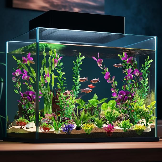 Artificial Aquarium Plants Realistic Green Plastic Fish Tank Decorations | 22Pcs Natural-Looking Aquatic Plants Decor for Betta, Goldfish and Freshwater Aquariums
