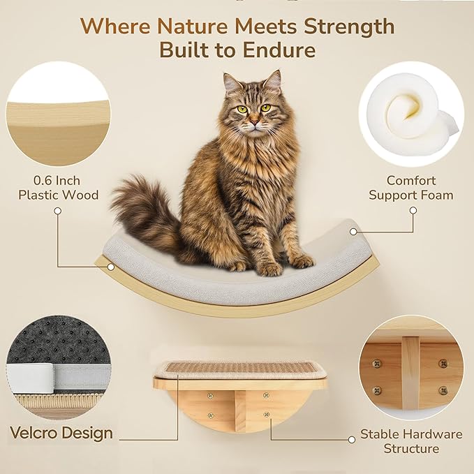 Cat Wall Shelves and Cats Window Perch – Natural Wood 4-Piece Set with Foam-Padded Curved Bed and Felt Steps, Space-Saving Wall Mounted Design