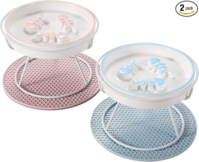2PCS Ceramic Cat Slow Food Bowl for Wet and Dry Food, Elevated Design, Prevents Vomiting and Obesity, Raised Cat Puzzle Bowl, Stress-Free Slow Food Plate, Backflow Prevention, for Cats and Small Dog