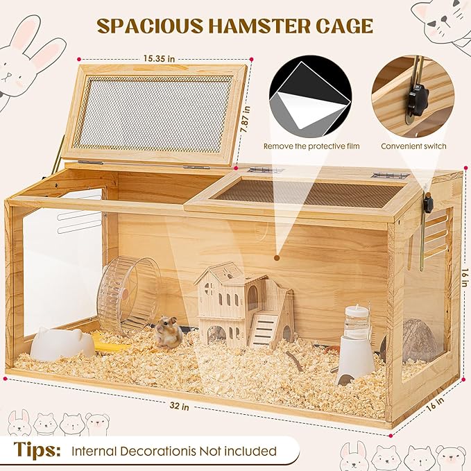 Hamster Cage 32" Wooden Chewproof, 270° Panoramic View Large Habitat with Bite-Proof Mesh, Top Dual Access Doors & Acrylic Panels, for Syrian/Dwarf Hamsters, Guinea Pigs, Chinchillas & Gerbils