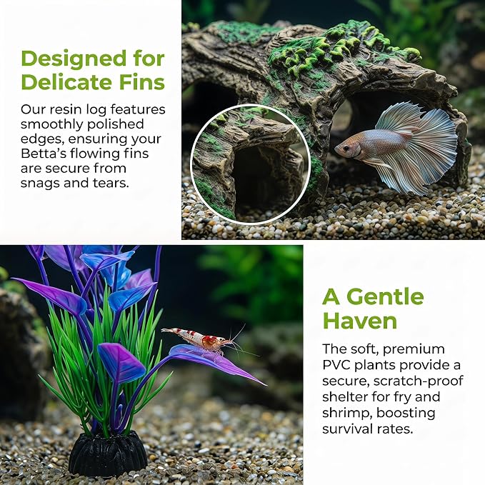 Resin Hollow Tree Trunk Betta Log Cave 1pcs with Aquarium Plants x 8pcs - Fish Tank Decorations for Betta Fish, Small Fish & Shrimp, Aquarium Ornament Hideout