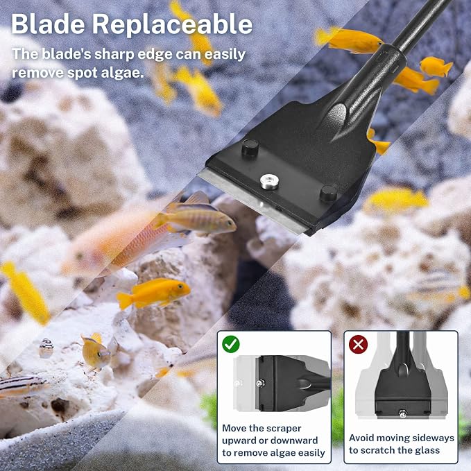 Olaismln Fish Tank Scraper Cleaner for Glass Aquariums, 21" Handheld Scraper Cleaning Razor with 5 Stainless Steel Blades for Fish Reef Plant Glass Tank