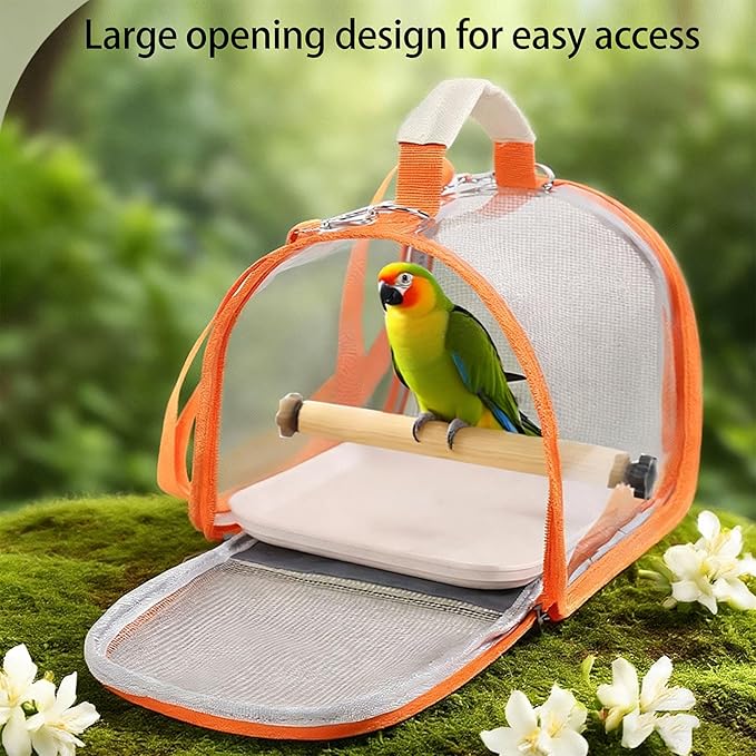 Portable Bird Travel Carrier Breathable Mesh Backpack with Perch Tray Clear View Lightweight Foldable Carrier for Small Parrots Parakeets Lovebirds (Grey)