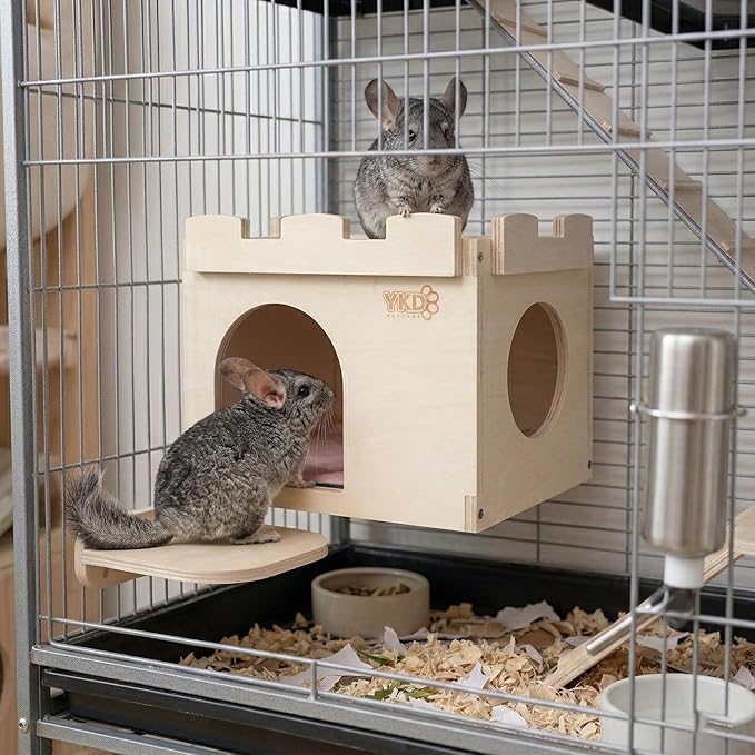Castle Chinchilla House, Small Animal Hideout for Chinchilla, Guinea Pig, Hedgehog, or Rat, Ventilated Wooden Hamster Habitat with Multiple Doors, Made from Natural Wood