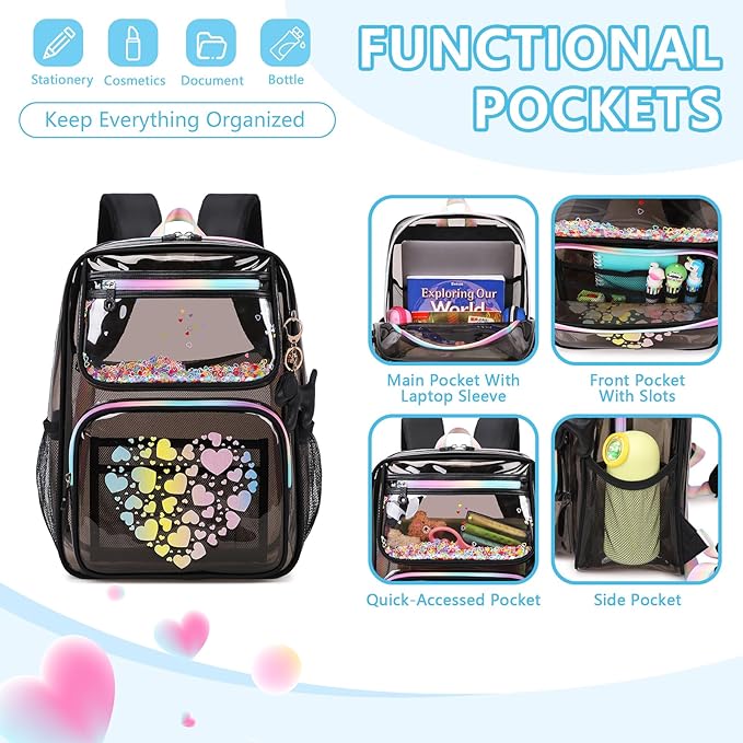 MOONBABY Clear Backpack for School Girls, Heavy Duty TPU Transparent Backpack Stadium Events Approved, Clear Bookbag