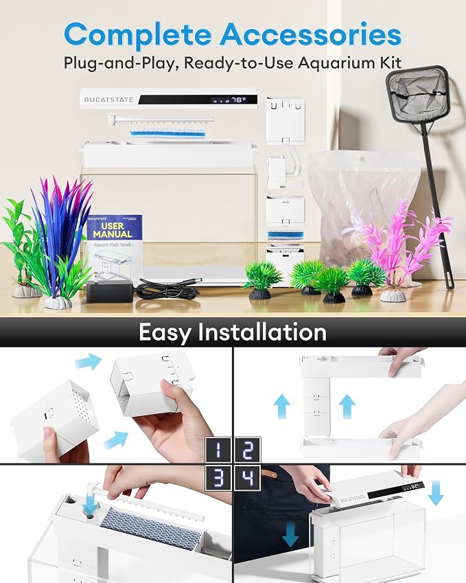 BUCATSTATE 2.6 Gallon Small Fish Tank, 3 Stage Filtration Aquarium (White) | Independent Waste Compartment Aquarium, Quiet 3 in 1 Pump, Real-Time Temp Display, 8-Mode LED Light, Multi Safety Protection