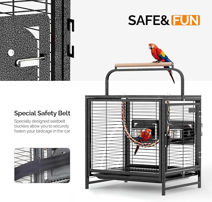 VINGLI Bird Cage, Wrought Iron Bird Cage with Handle for Parakeets, Parrot, Lovebirds, Finches, Small/Medium Birds (25" with Handle)
