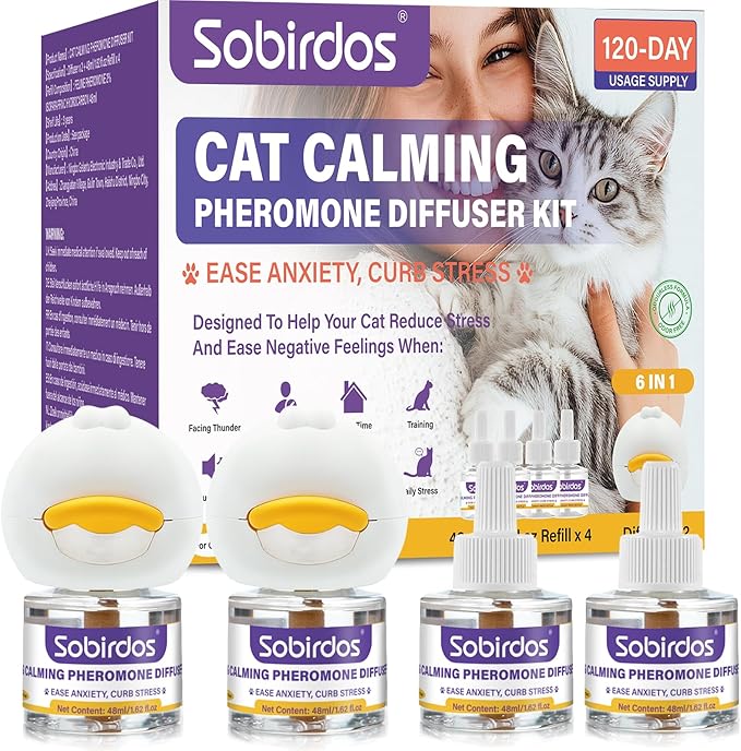 6-in-1 Cat Pheromone Calming Diffuser Kit - Relieve Anxiety, Reduce Fights/Scratching, 2 Plugs + 4 Refills, 120 Days (Purple, L)