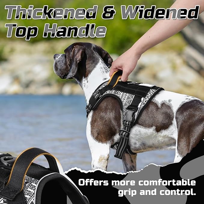 rabbitgoo Tactical Dog Harness for Large Dogs, No Pull Military Service Vest with Handle & Molle, Easy Control for Training Walking, Adjustable Reflective Straps, Black & White Geometric, L
