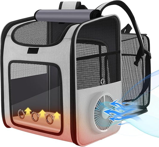 Smart Cat Backpack Carrier with Built-in Cooling Fan & Heating Pad, Expandable Pet Backpack for Cats and Small Dogs up to 16 lbs, Ventilated Travel Carrier for Hiking, Walking & Outdoor