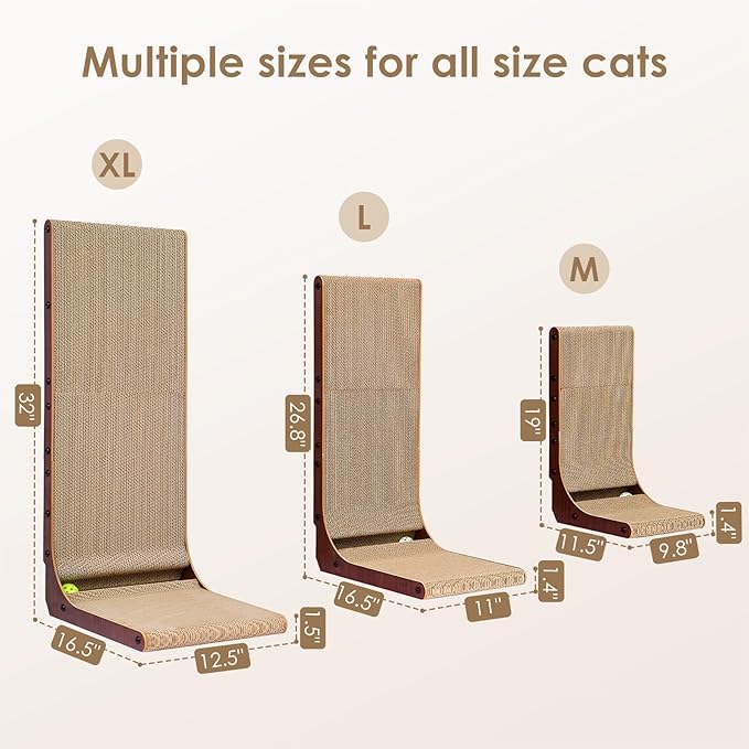 EHEYCIGA Cardboard Cat Scratcher for Indoor Cats, 26.8 Inch L Shaped Vertical Cat Scratching Board with Ball Cat Toy, Large Cat Scratcher Pad, Dark Brown