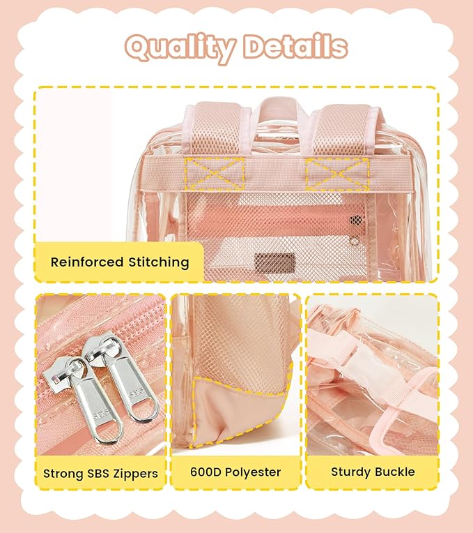 Vorspack Clear Backpack for School - Heavy Duty Transparent Bookbag for Girls Boys Extra Large See Through backpacks for Work, College, Travel - Pink
