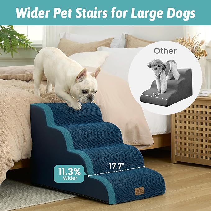 COZY KISS Wide Dog Stairs for Small Dog 19.7" H, Pet Step for Puppy, Older Cat, Curved Ramp for Bed, Durable Anti-Slip Ladder with High Density Foam, 4 Step, 17.7x28x19.7 inch, Navy Blue