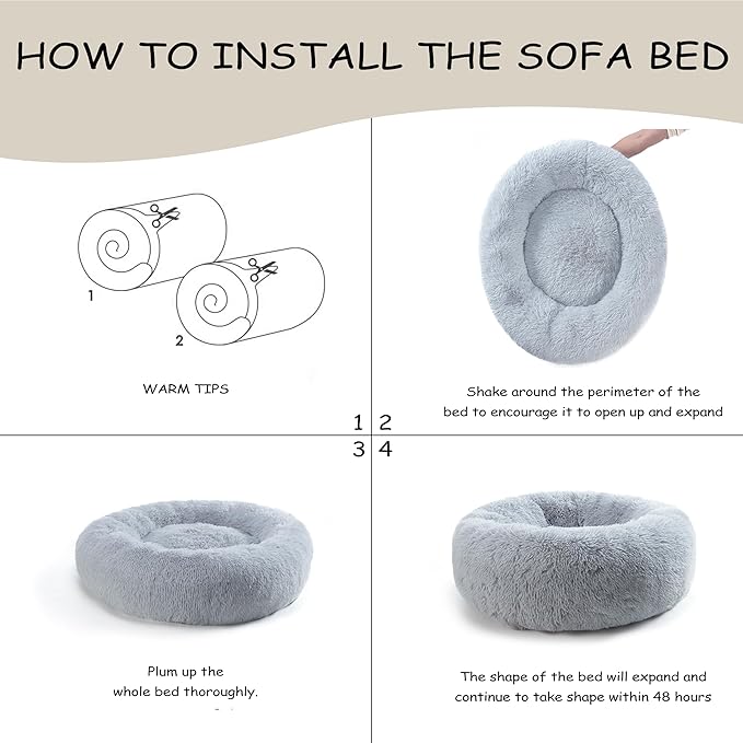 Bunlitent Calming Dog Bed Medium Size Dogs,30'' inch Plush Anti-Anxiety Donut Dog Bed for Medium Large Dogs, Warming Cozy Round Cuddler Nest Pet Bed, Grey