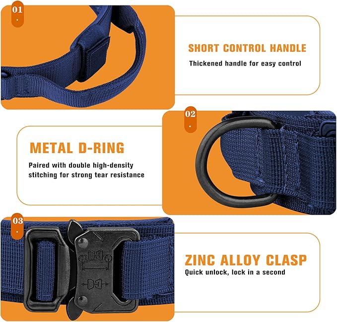 HYDEME Tactical Dog Collar Adjustable Nylon Collar with Control Handle and Heavy Metal Buckle for Medium and Large Dogs, with Patches&Airtags Case&Poop Bag Dispenser&Portable Bowl.(M, DarkBlue)