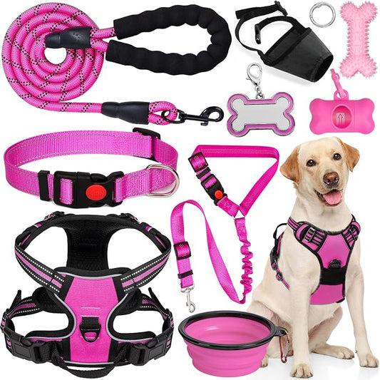 No Pull Dog Harness Adjustable Collar & Leash Set - Dog Halter Harnesses Collapsible Bowls & Poop Bag Dispenser Muzzle ID Tags Toys Fits Small Medium Large Dogs (Pink-XL)