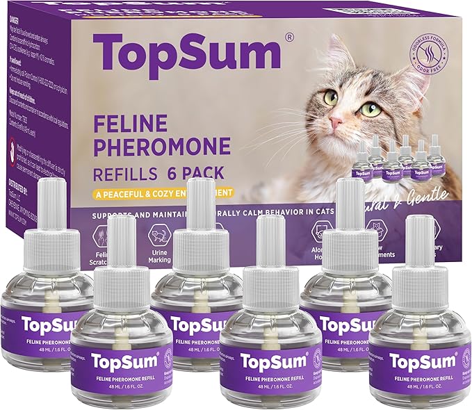 TopSum Cat Calming Pheromone Diffuser: Feline Pheromones Plug in for Stress, Along At Home, Spraying, Fighting, Scratching, Aggression & Excessive Meowing (Purple– 6 Refills)