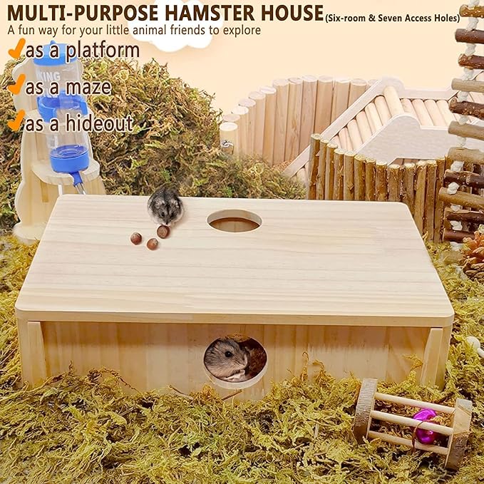 Multi Room Hamster Hideout,Wooden Hamster Multichamber House Platform,Chamber-Maze Gerbil Hideout Wood Tunnel Pet Rat Cage Accessories