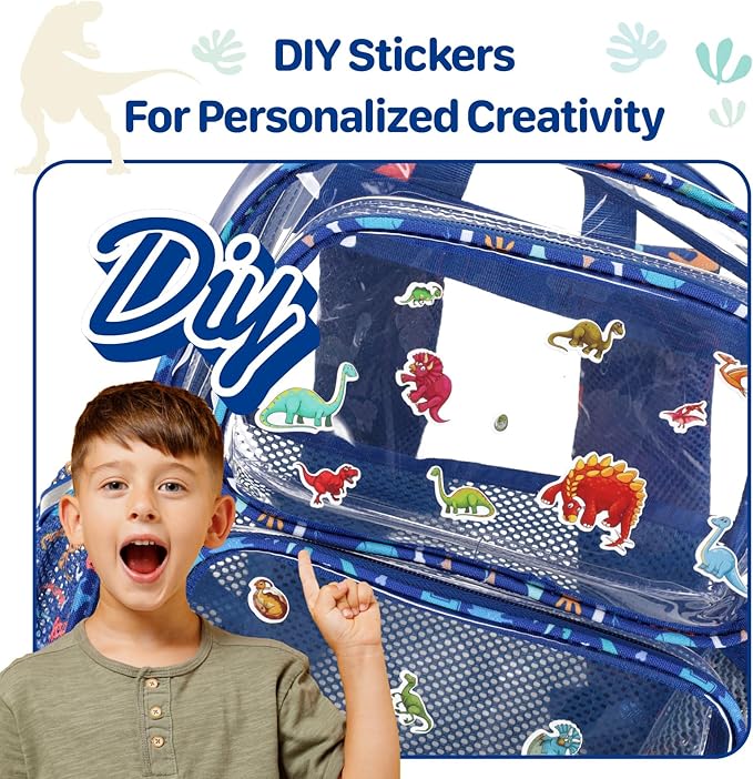Bagseri 3pcs Clear Backpack for Boys - 15 Inch School Bag Set with Lunch Box and Pencil Case, Heavy Duty Transparent Bookbag for Kindergarten to Grade 2, Blue Dinosaur