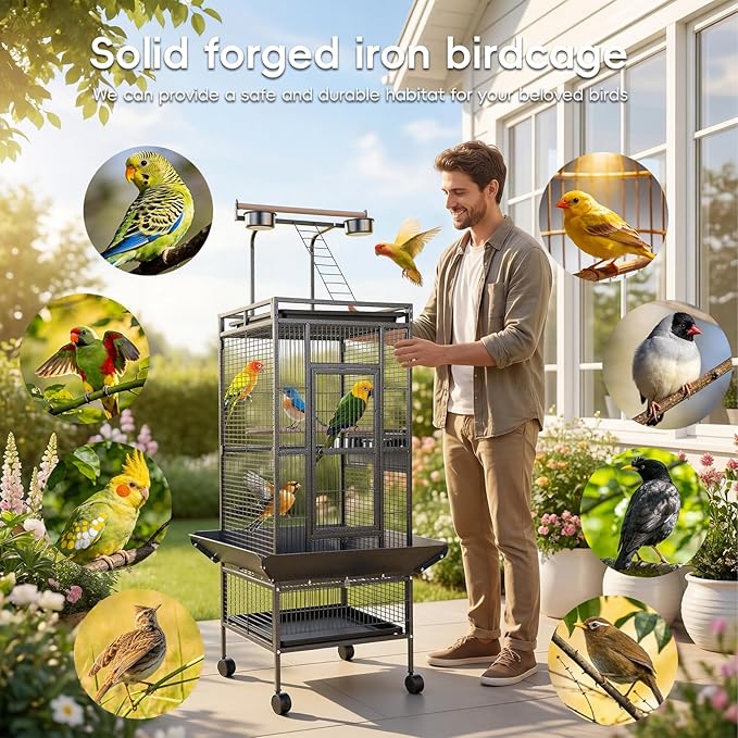 61" Large Parrot Cage with Rolling Stand, Wrought Iron Bird Cage for African Grey Macaw, Corner Design with Rooftop Play Area, Lockable Door & 360° Wheels, Heavy Duty Aviary Black