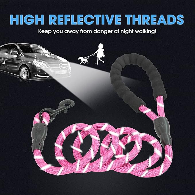 BAAPET 2/4/5/6 FT Dog Leash with Comfortable Padded Handle and Highly Reflective Threads for Small Medium and Large Dogs (5FT-1/2'', Pink)