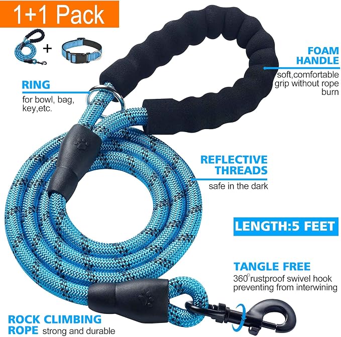Ladoogo Reflective Dog Collar Padded with Soft Neoprene Breathable Adjustable Nylon Dog Collars for Small Medium Large Dogs (X-Small (Pack of 1), Vivid Blue Collar+Leash)